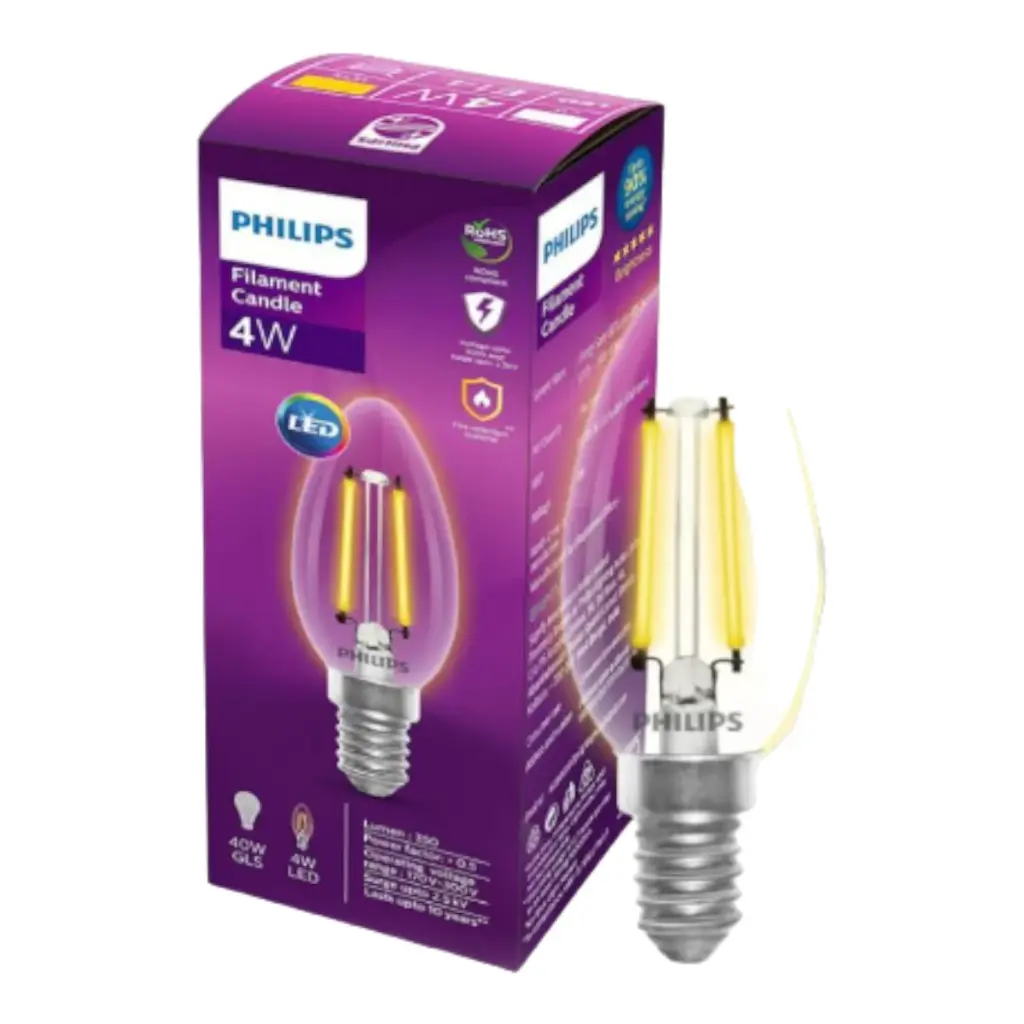 Philips Filament LED Clear 4W C35 WW E27 Bulb - Vintage Style, True Warm White Light